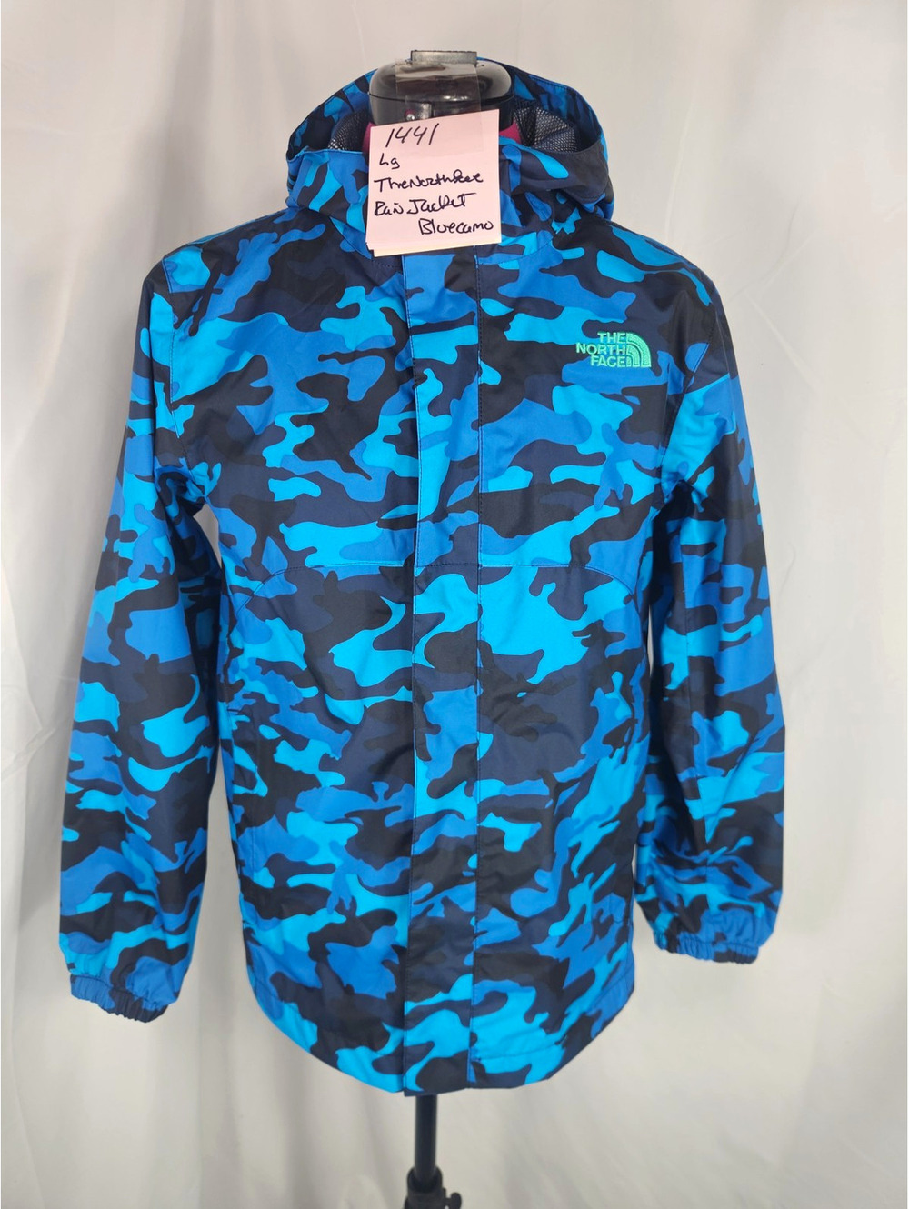 The North Face DryVent Rain Jacket Blue Camo Hooded Boys Large NWOT